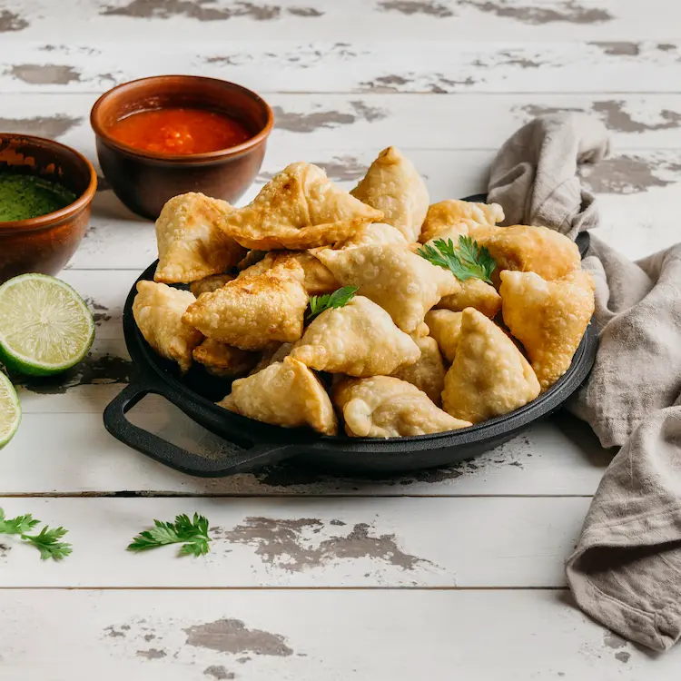 Top angle view of a platter of samosas on wooden surface